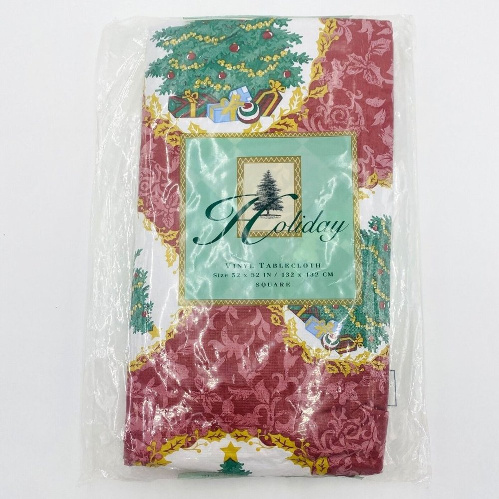 Holiday Vinyl Tablecloth Christmas Tree Poinsettia Red Green Gold 52" Square New